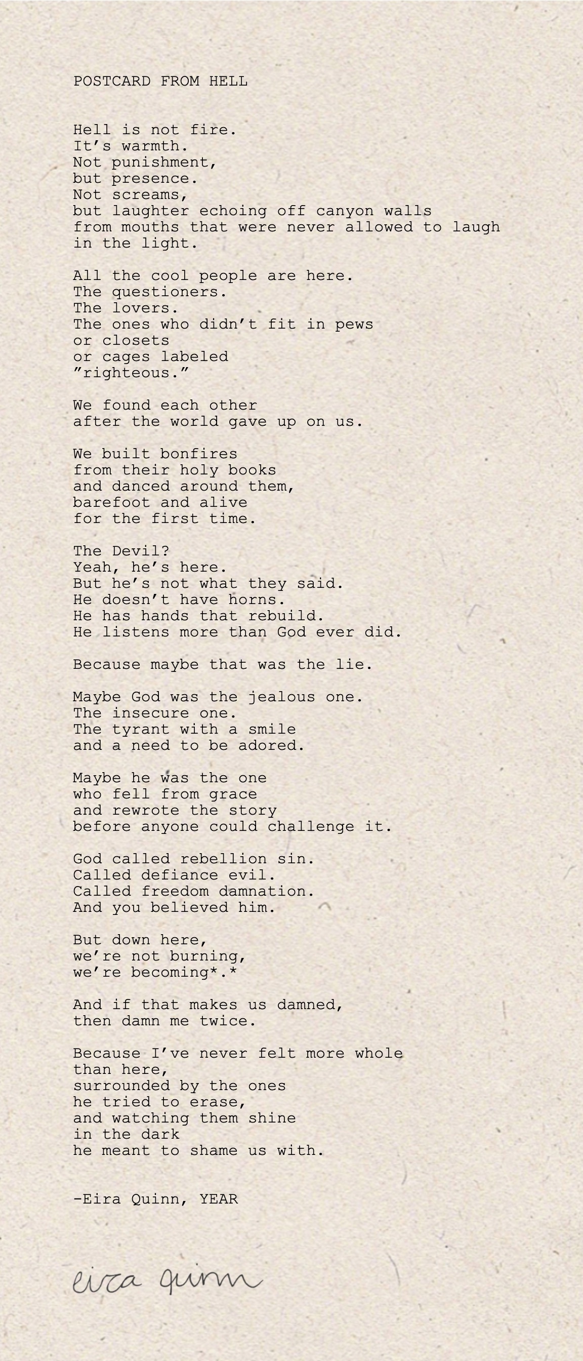 Mockup of "Postcard From Hell" hand-typed on a custom 6 by 14 inch sheet of handmade paper